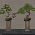 Two Bonsai Trees On Wooden Pedestals With Hanging Lantern And Neutral Wall