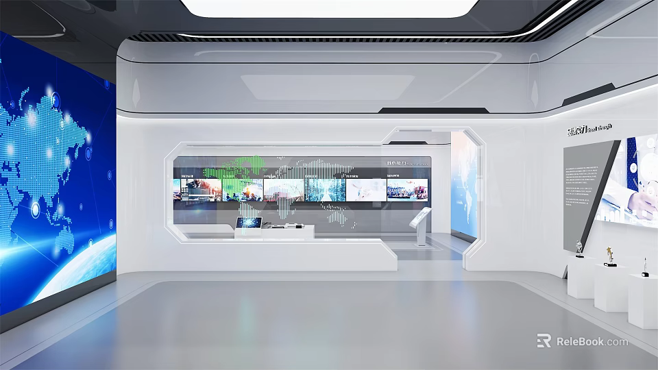 Modern Exhibition Hall Interior Design With Multiple Digital Screens And White Display Counters 3d model