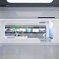 Modern Exhibition Hall Interior Design With Multiple Digital Screens And White Display Counters 3d model