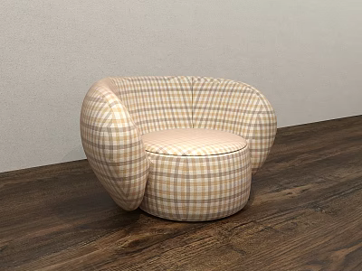 Comfortable Plaid Pattern Bean Bag Chair With Rounded Design On Wooden Floor 3d model