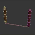 Decorative Household Standing Shelf With Brown Wooden Pillars Golden Spire Tops And White Ring Accents