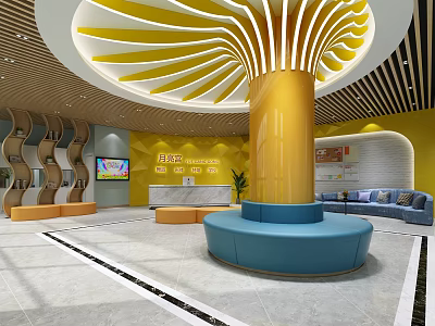 School Modern Lobby Interior With Yellow Column Blue Seating And TV Screen 3d model