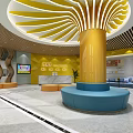 School Modern Lobby Interior With Yellow Column Blue Seating And TV Screen 3d model