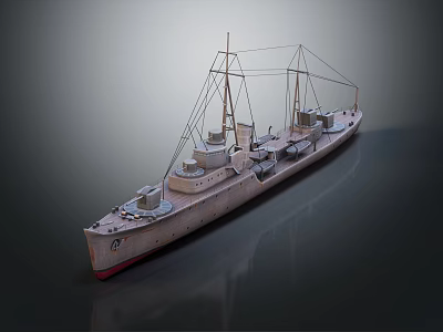 Vintage Warship 3D Model with Mast Structure Cannon Details and Hull Design on Smooth Surface 3d model
