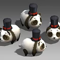 Three Cute Plush Panda Dolls With Black Top Hats And Red Bow Ties