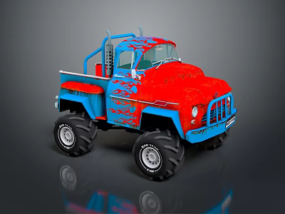 Vintage Custom Truck With Red Blue Flame Decals And Oversized Tires 3d model