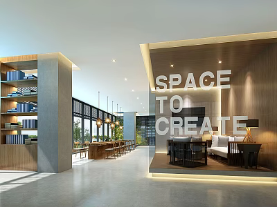Modern Leisure Area With Bookshelves Open Space Creative Environment And Green Plants 3d model