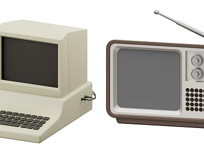 Retro Household Electrical Appliances Featuring Vintage Computer With Keyboard And Old Fashioned Television With Antenna 3d model