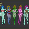 Five Game Anime Female Characters In Bikini Swimwear With Colorful Hair Standing