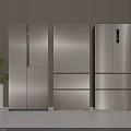 Three Modern Metallic Refrigerators In Kitchen With Vertical Striped Wall And Green Plant