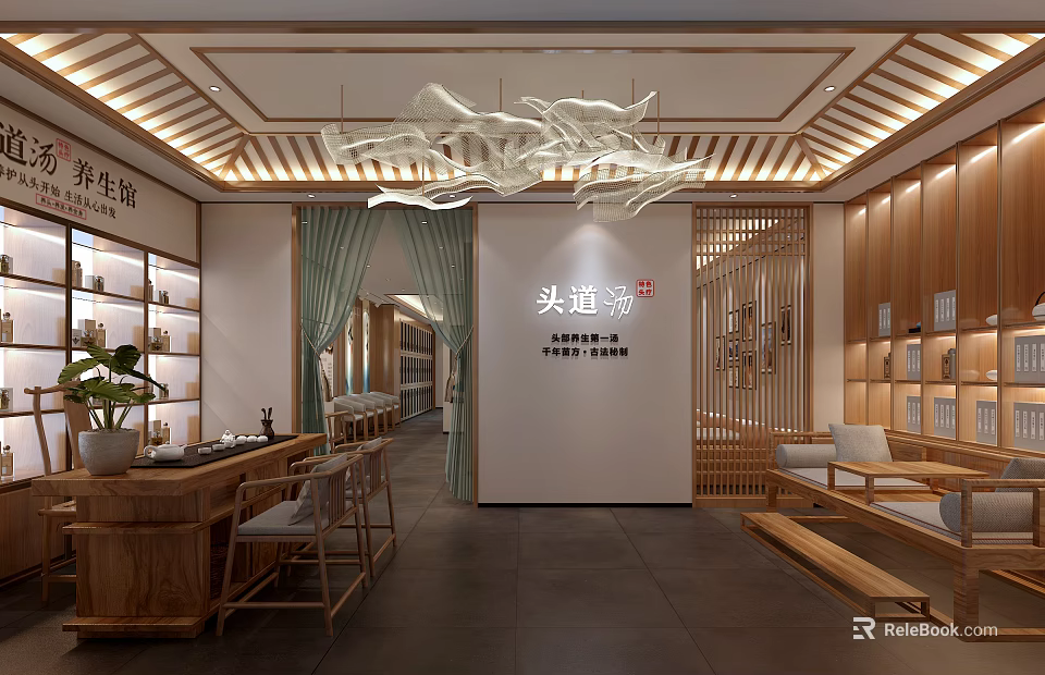 Chinese Style Beauty Hair Salon With Wooden Furniture Scalp Care And Reception Area 3d model 