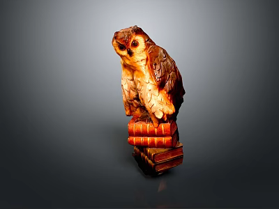 Detailed Brown Owl Statue Perched on a Stack of Old Books 3d model