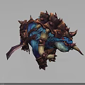 Blue Creature In Spiked Armor With Red Eyes Large Horns Carrying Purple Sword