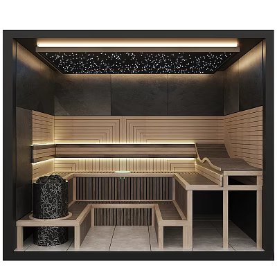 Modern Steam Sauna Interior Design With Wooden Benches Step Seats And Starry Ceiling 3d model