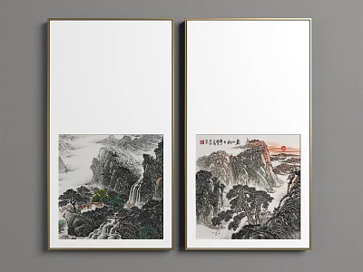 Traditional Chinese Landscape Wall Art Two Piece Golden Framed Paintings With Mountains Trees And Sunrise 3d model