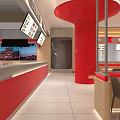 Modern Restaurant Interior With Wooden Elements Counter Seating Pendant Lights Red Decor And Green Plants