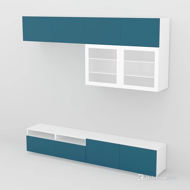 Modern Blue And White Kitchen Cabinets With Upper Lower Design And Open Shelves 3d model 