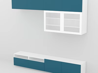 Modern Blue And White Kitchen Cabinets With Upper Lower Design And Open Shelves 3d model