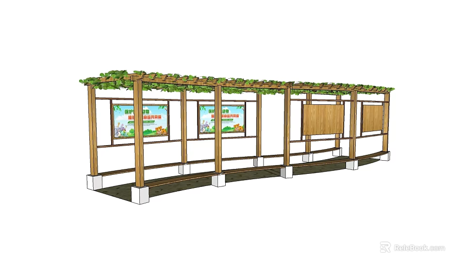 Park Landscape Featuring Wooden Pergola With Green Vines And Display Boards 3d model 
