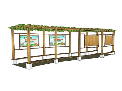 Park Landscape Featuring Wooden Pergola With Green Vines And Display Boards 3d model