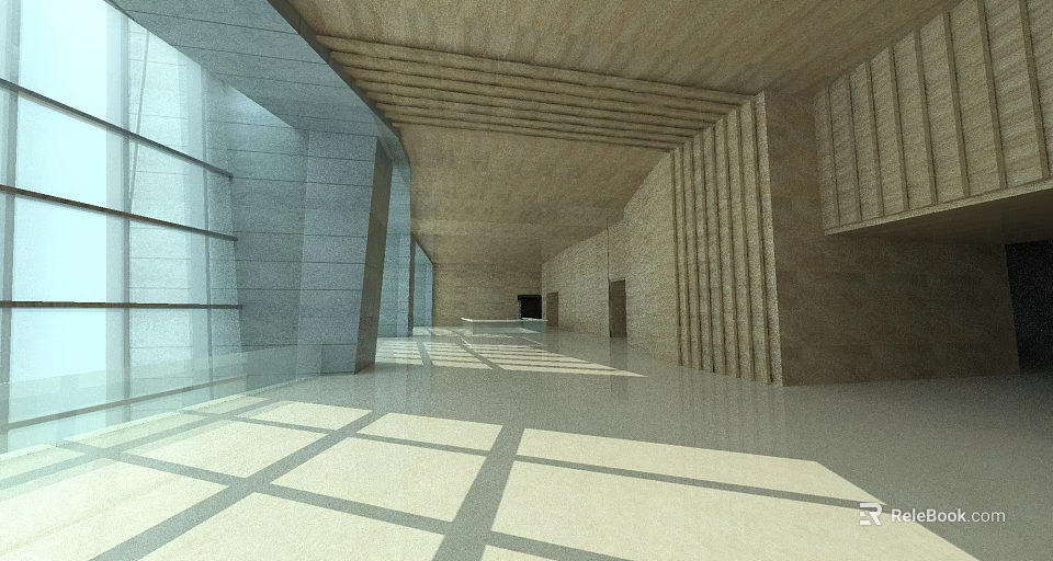 Spacious Modern Hotel Lobby With Wooden Ceiling Glass And Stone Walls Light Shadow Effects 3d model 