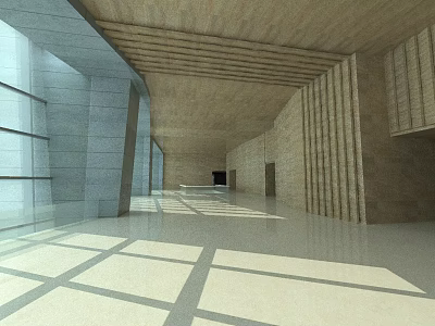 Spacious Modern Hotel Lobby With Wooden Ceiling Glass And Stone Walls Light Shadow Effects 3d model