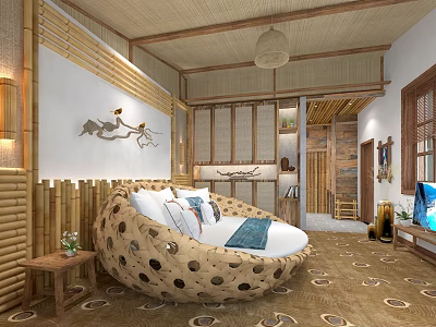 Traditional Hotel Guest Room with Bamboo Decor Rattan Sofa and Wooden Elements 3d model