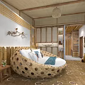 Traditional Hotel Guest Room with Bamboo Decor Rattan Sofa and Wooden Elements