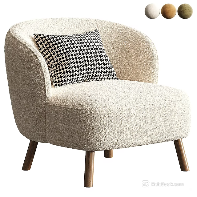 Beige Accent Chair With Chenille Fabric Black And White Houndstooth Pillow Wooden Legs Modern Design 3d model 
