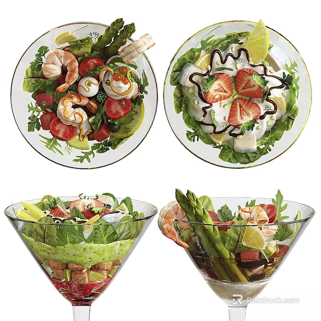 Fresh Colorful Salads With Shrimp Strawberries Avocado Asparagus And Cherry Tomatoes 3d model 