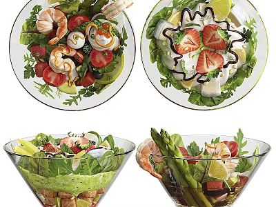 Fresh Colorful Salads With Shrimp Strawberries Avocado Asparagus And Cherry Tomatoes 3d model