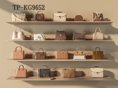Stylish Handbags in Diverse Colors and Styles Neatly on Wooden Shelves 3d model