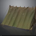 Traditional Canvas Tent Structure With Wooden Support Ropes And Pleated Green Fabric