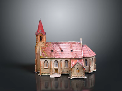 Vintage Church Building With Red Steeple Red Roof Brick Walls And Arched Windows 3d model