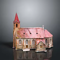 Vintage Church Building With Red Steeple Red Roof Brick Walls And Arched Windows