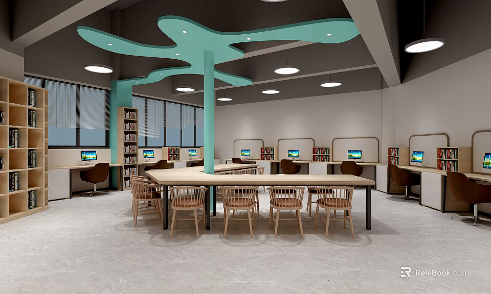 Modern Office Interior With Teal Ceiling Structure Workstations And Natural Light 3d model