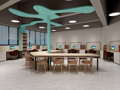 Modern Office Interior With Teal Ceiling Structure Workstations And Natural Light 3d model