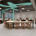 Modern Office Interior With Teal Ceiling Structure Workstations And Natural Light 3d model