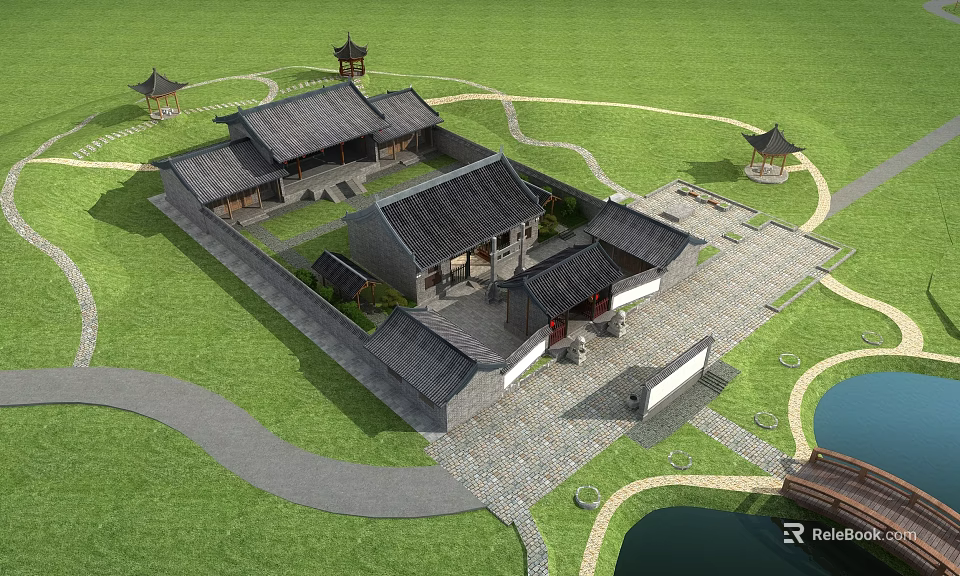 Traditional Chinese Ancient Architecture Courtyard With Tiled Roofs Green Lawn Paths Pond Bridge And Pavilions 3d model 