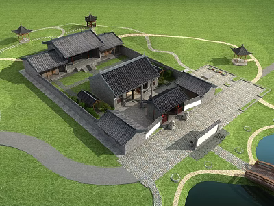 Traditional Chinese Ancient Architecture Courtyard With Tiled Roofs Green Lawn Paths Pond Bridge And Pavilions 3d model