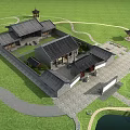 Traditional Chinese Ancient Architecture Courtyard With Tiled Roofs Green Lawn Paths Pond Bridge And Pavilions
