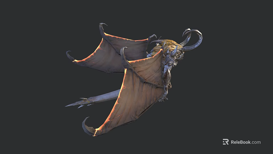 Fantasy Mythical Creature with Large Bat Like Wings Curved Horns and Intricate Armor Details 3d model 