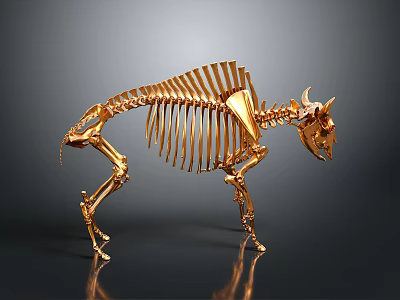 Golden Horned Animal Skeleton With Detailed Bone Structure And Metallic Finish On Gray Background 3d model