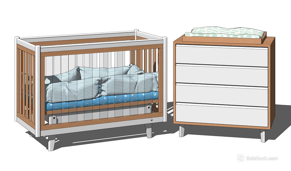 Modern Wooden Baby Crib With Blue Mattress Pillows And White Drawer Chest 3d model 
