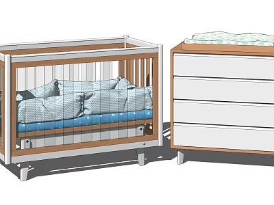 Modern Wooden Baby Crib With Blue Mattress Pillows And White Drawer Chest 3d model