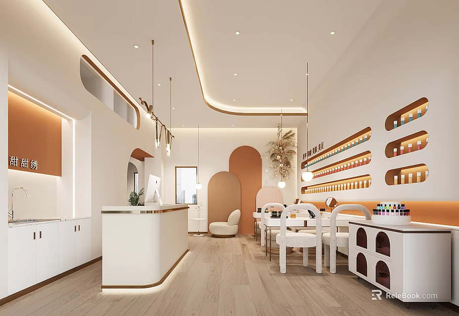 Modern Bright Beauty Hair Salon Interior Design With White Counter Tables Chairs And Product Shelves 3d model 