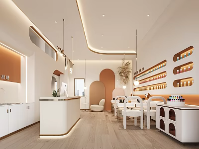 Modern Bright Beauty Hair Salon Interior Design With White Counter Tables Chairs And Product Shelves 3d model