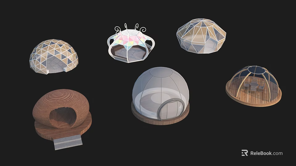 Diverse Designed Landscape Pavilions Featuring Dome Shapes And Transparent Wooden Materials 3d model 