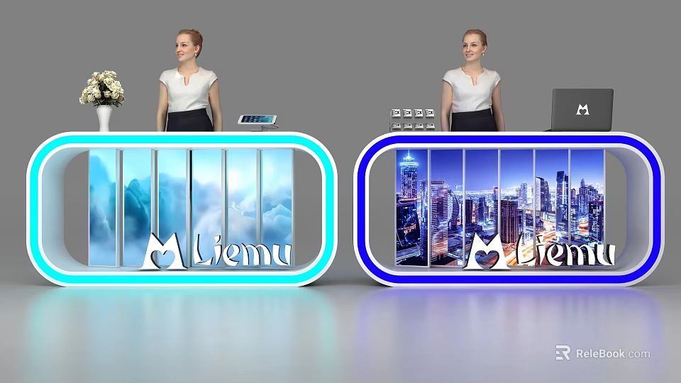 Modern Illuminated Reception Desk With Scenic Backdrops Brand Logos And Staff 3d model 