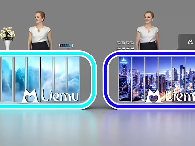 Modern Illuminated Reception Desk With Scenic Backdrops Brand Logos And Staff 3d model